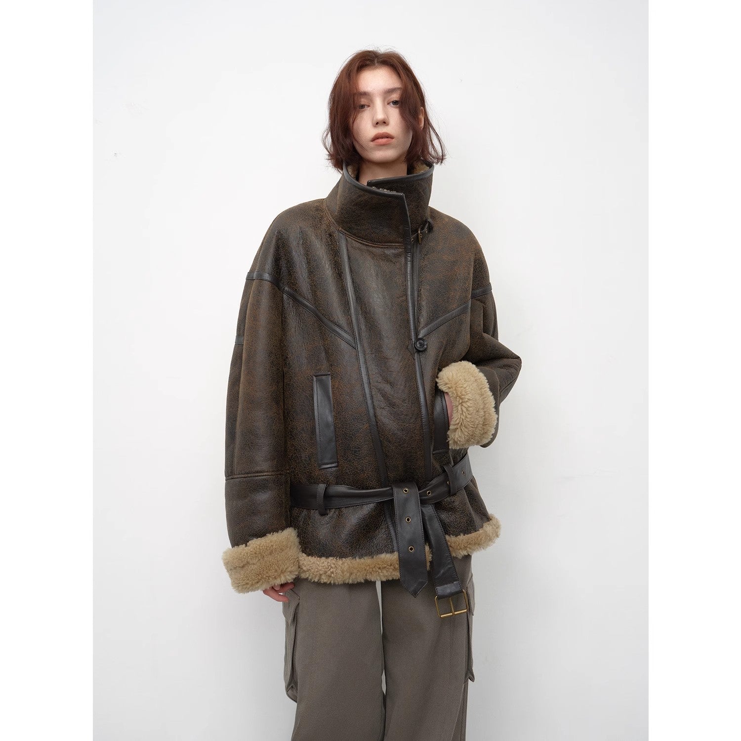 "London Street"Motorcycle Style Lapel Imported Merino Fur One-Piece Fur Jacket