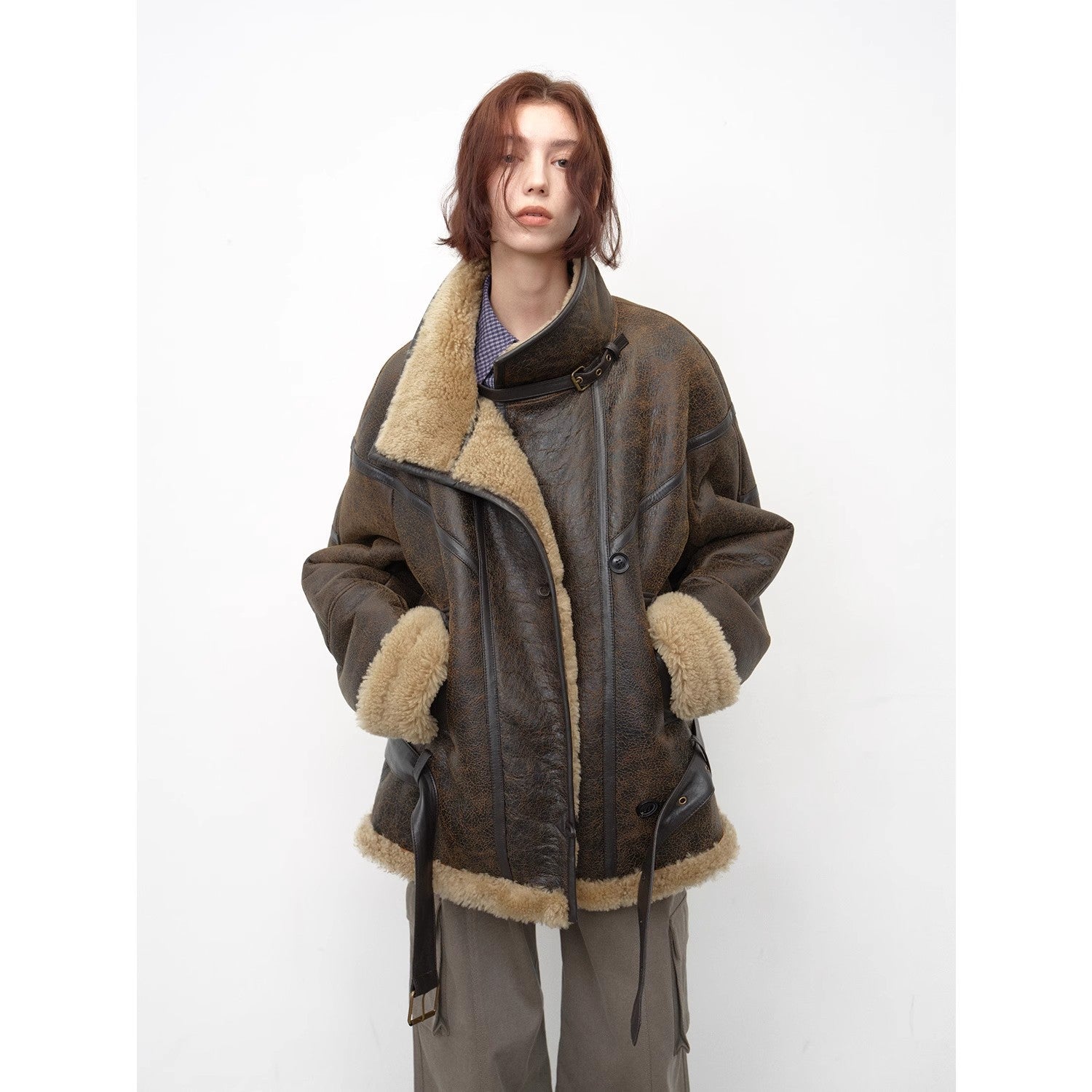 "London Street"Motorcycle Style Lapel Imported Merino Fur One-Piece Fur Jacket