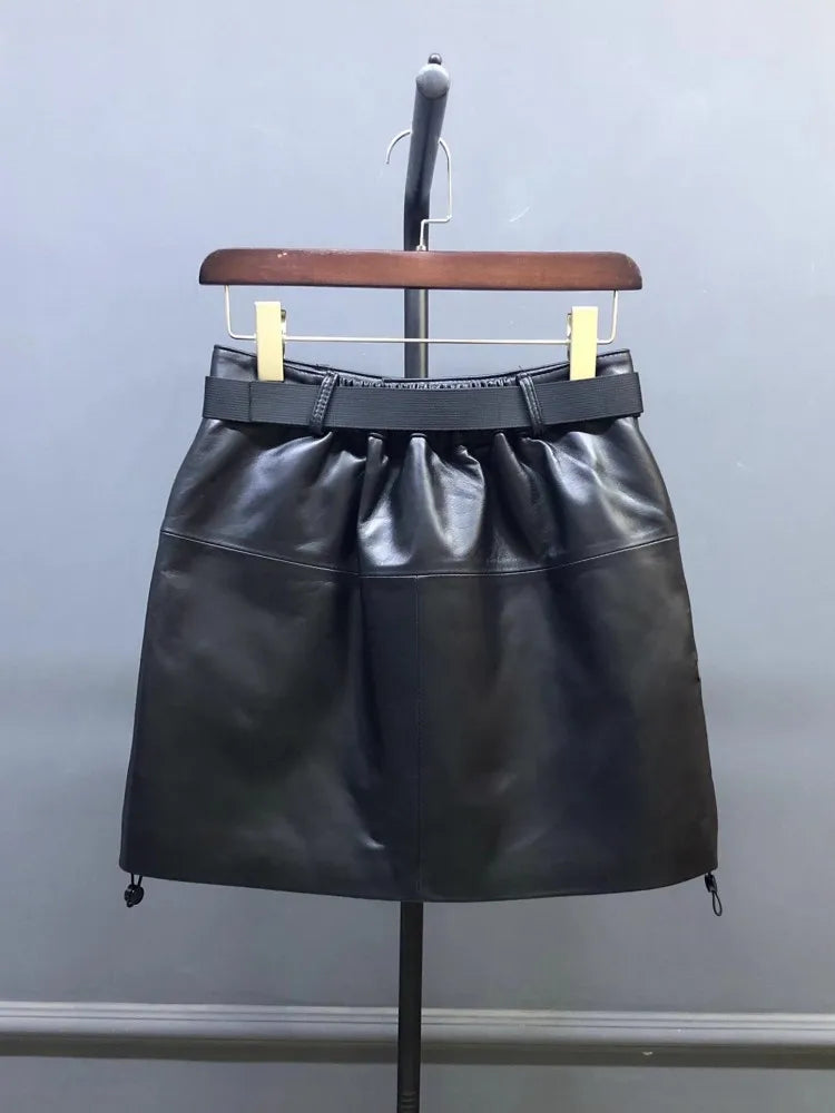 High Street Casual Women Genuine Leather Skirt Elastic Waist Sashes Fashion Cargo Mini Skirts Black Sheepskin A Line Skirts 4XL