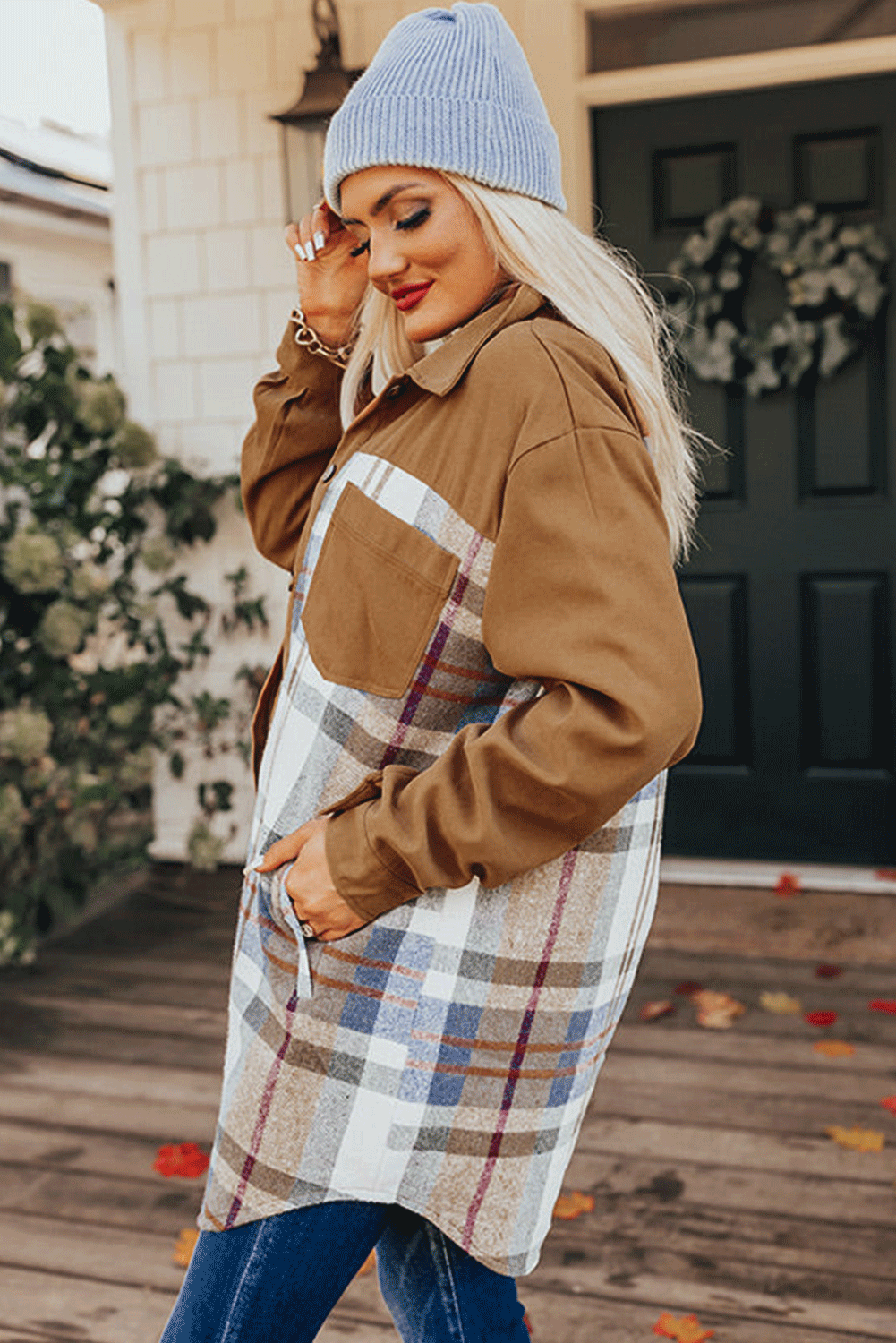 Khaki Plaid Patchwork Long Sleeve Mini Dress with Pockets