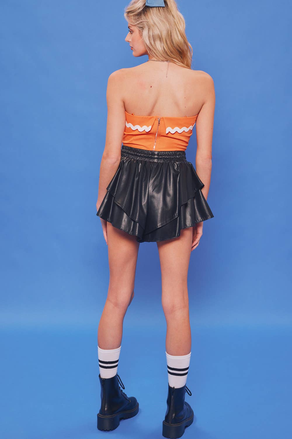 [Size S-L] Drawstring Waisted Tiered Ruffle Faux Leather Shorts Skort
