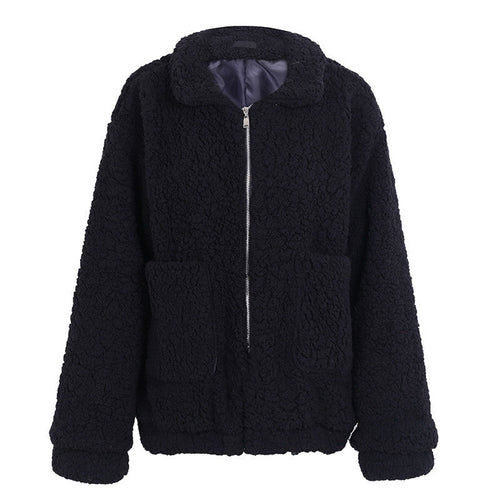 Faux lambswool oversized jacket coat Winter black warm hairly jacket