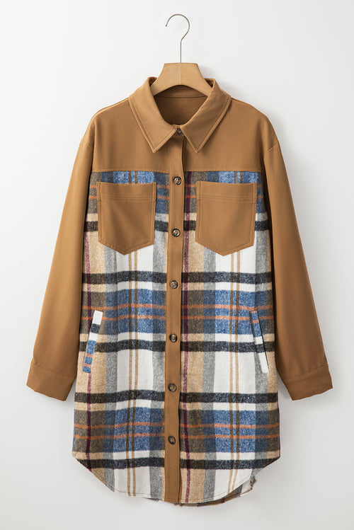 Khaki Plaid Patchwork Long Sleeve Mini Dress with Pockets