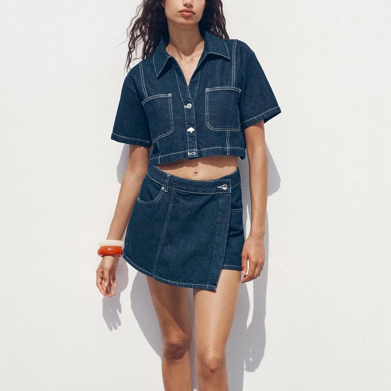 Women Summer 2Piece Y2K Retro Denim Outfits Set Lapel Neck Lapel Button-down Shirt+ Asymmetric A-line Wide Leg Skorts