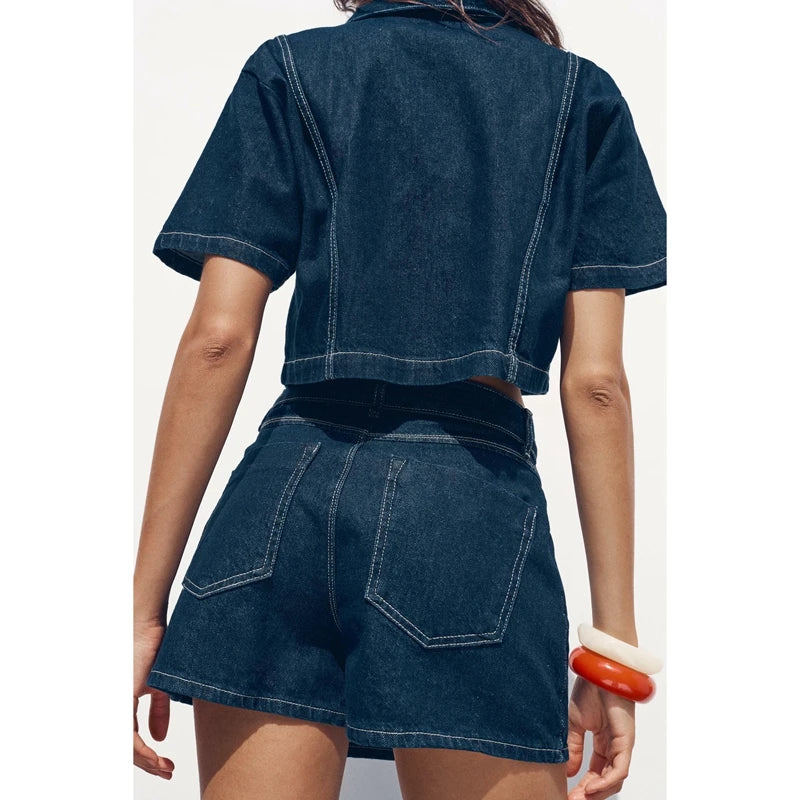 Women Summer 2Piece Y2K Retro Denim Outfits Set Lapel Neck Lapel Button-down Shirt+ Asymmetric A-line Wide Leg Skorts