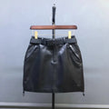 High Street Casual Women Genuine Leather Skirt Elastic Waist Sashes Fashion Cargo Mini Skirts Black Sheepskin A Line Skirts 4XL