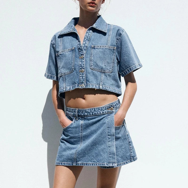 Women Summer 2Piece Y2K Retro Denim Outfits Set Lapel Neck Lapel Button-down Shirt+ Asymmetric A-line Wide Leg Skorts