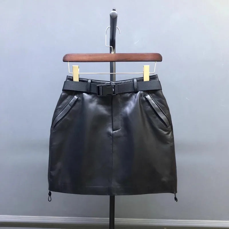 High Street Casual Women Genuine Leather Skirt Elastic Waist Sashes Fashion Cargo Mini Skirts Black Sheepskin A Line Skirts 4XL