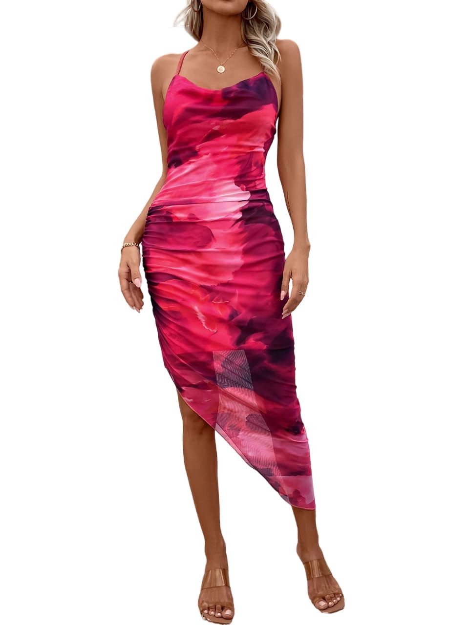 SOLY HUX Women's Tie Dye Cowl Neck Split Hem Bodycon Cami Dress Backless Long Dresses