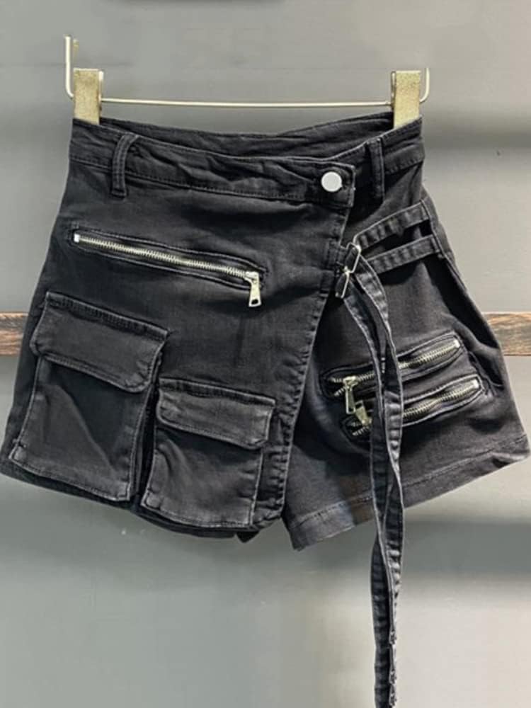 JYHBHMZG Women's Irregular Multi-Pocket Design Denim Shorts Skirts,High Waist,Loose Fit,Wide Leg Jeans for Spring