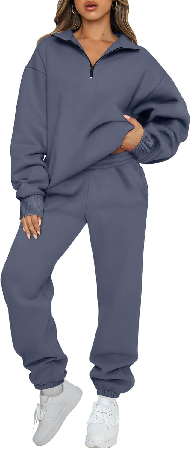 AUTOMET Women's Sweatsuits 2 Piece Outfits Long Sleeve Half Zip Pullover and Baggy Sweatpants with Pockets