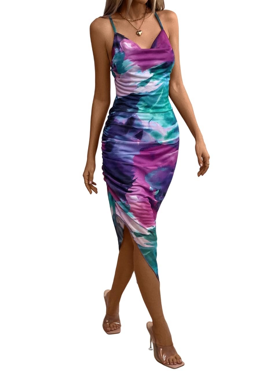 SOLY HUX Women's Tie Dye Cowl Neck Split Hem Bodycon Cami Dress Backless Long Dresses