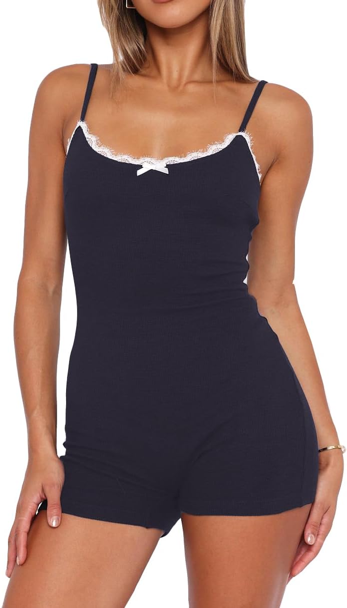 Lacozy Sexy One Piece Onesie Pajamas for Women Lace Trim Short Romper Pjs U Neck Sleeveless Bodysuit Summer Sleepwear