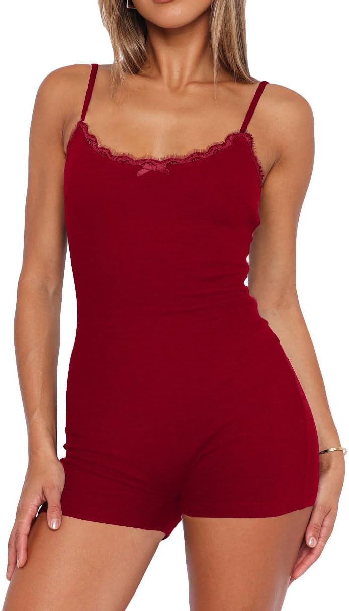 Lacozy Sexy One Piece Onesie Pajamas for Women Lace Trim Short Romper Pjs U Neck Sleeveless Bodysuit Summer Sleepwear