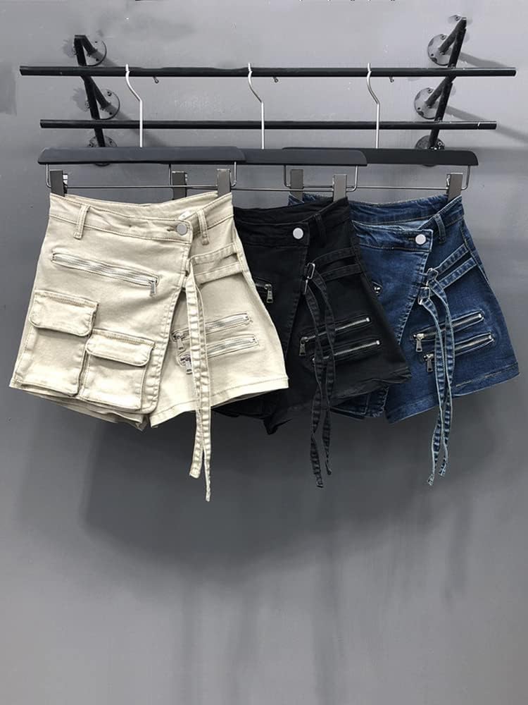 JYHBHMZG Women's Irregular Multi-Pocket Design Denim Shorts Skirts,High Waist,Loose Fit,Wide Leg Jeans for Spring