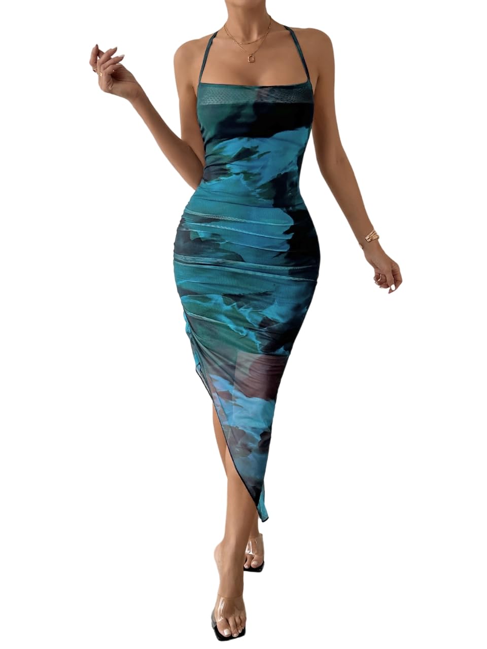 SOLY HUX Women's Tie Dye Cowl Neck Split Hem Bodycon Cami Dress Backless Long Dresses