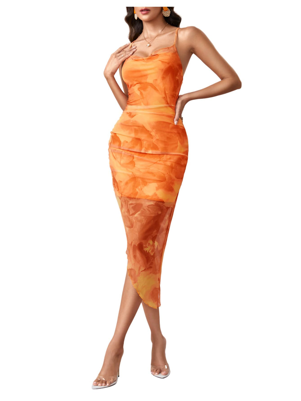 SOLY HUX Women's Tie Dye Cowl Neck Split Hem Bodycon Cami Dress Backless Long Dresses