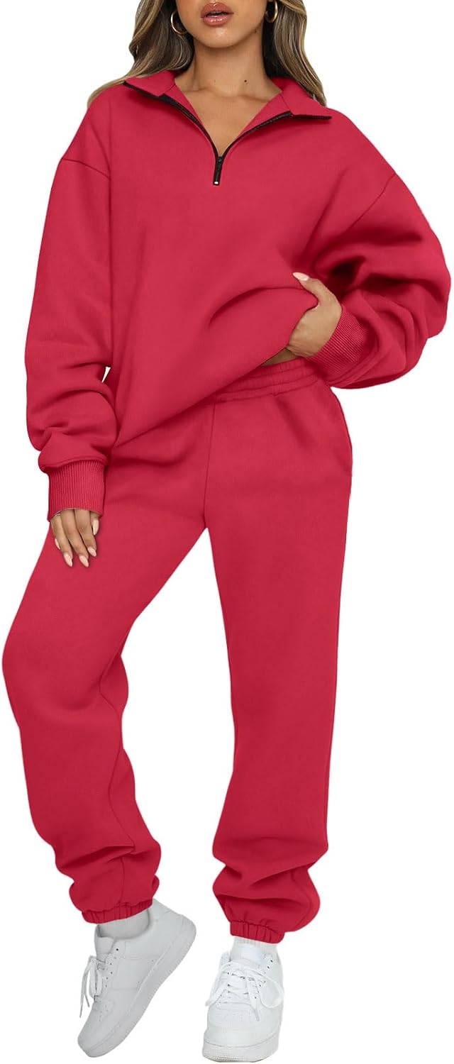 AUTOMET Women's Sweatsuits 2 Piece Outfits Long Sleeve Half Zip Pullover and Baggy Sweatpants with Pockets