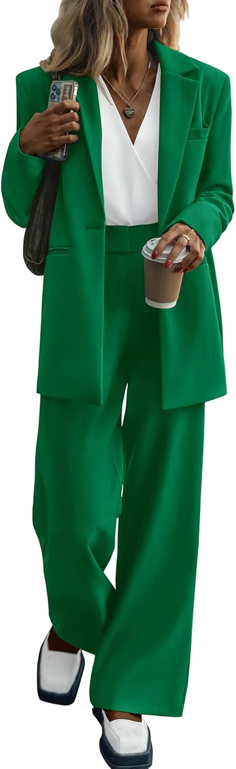 KIRUNDO Women's 2025 Spring Fall 2 Piece Blazer Set Casual Loose Long Blazer Jackets and Dressy Wide Leg Pant Suits Pockets