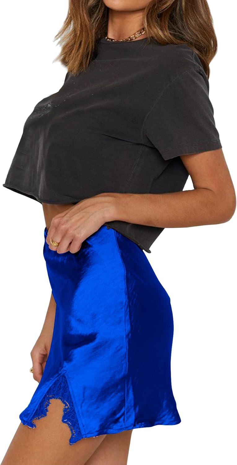 LYANER Women's Satin Lace Trim Split Slit Hem Zipper High Wasit Mini Short Skirt