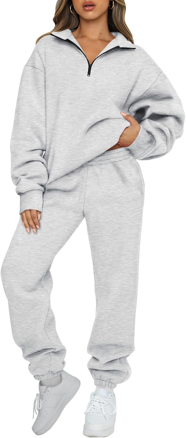 AUTOMET Women's Sweatsuits 2 Piece Outfits Long Sleeve Half Zip Pullover and Baggy Sweatpants with Pockets