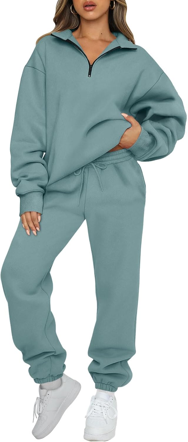 AUTOMET Women's Sweatsuits 2 Piece Outfits Long Sleeve Half Zip Pullover and Baggy Sweatpants with Pockets