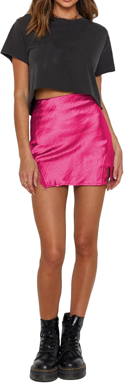 LYANER Women's Satin Lace Trim Split Slit Hem Zipper High Wasit Mini Short Skirt