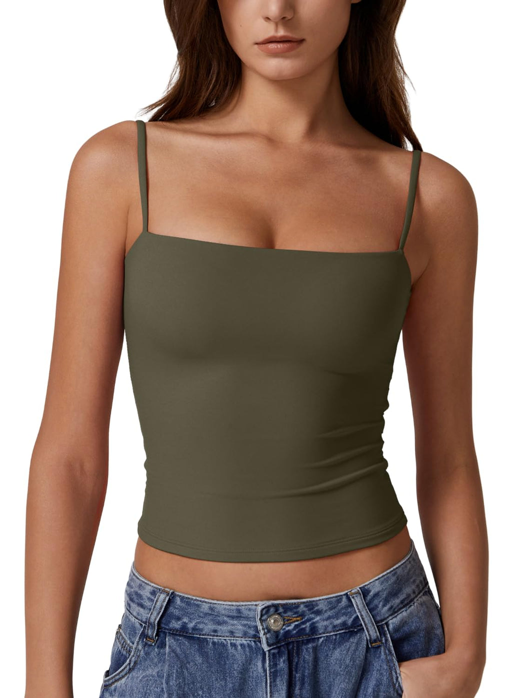 QINSEN Women's Double Lined Basic Tank Top Adjustable Spaghetti Straps Sleeveless Camisole Shirts