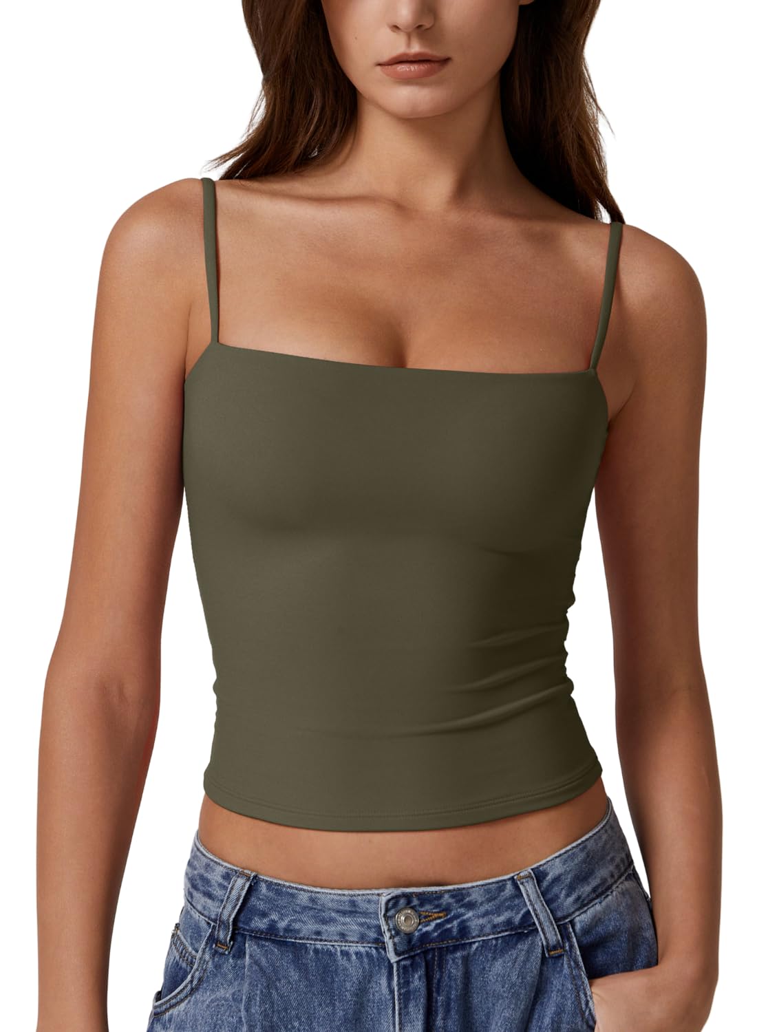 QINSEN Women's Double Lined Basic Tank Top Adjustable Spaghetti Straps Sleeveless Camisole Shirts