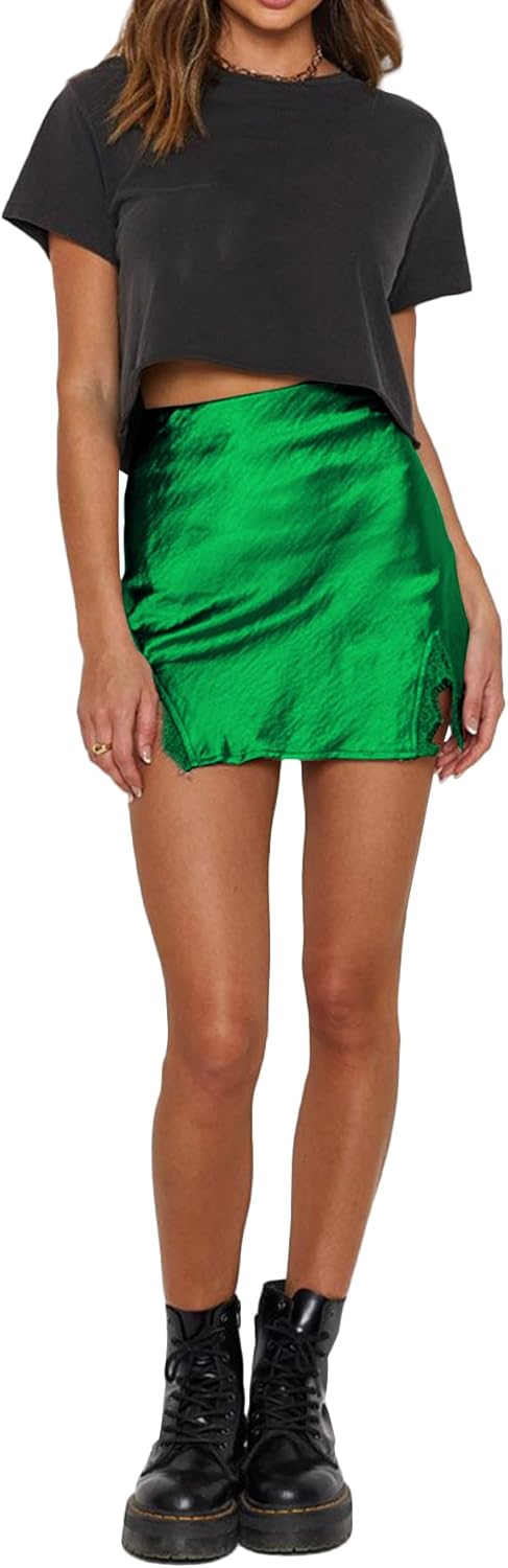 LYANER Women's Satin Lace Trim Split Slit Hem Zipper High Wasit Mini Short Skirt