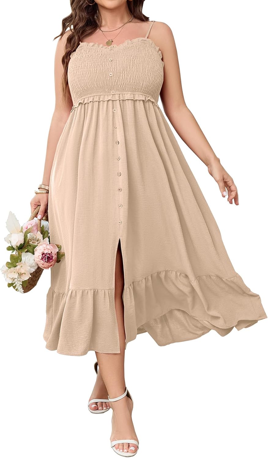 SCOMCHIC Womens Plus Size Summer Dresses Sleeveless Spaghetti Strap Button Down Smocked Beach Long Maxi Dress with Slit