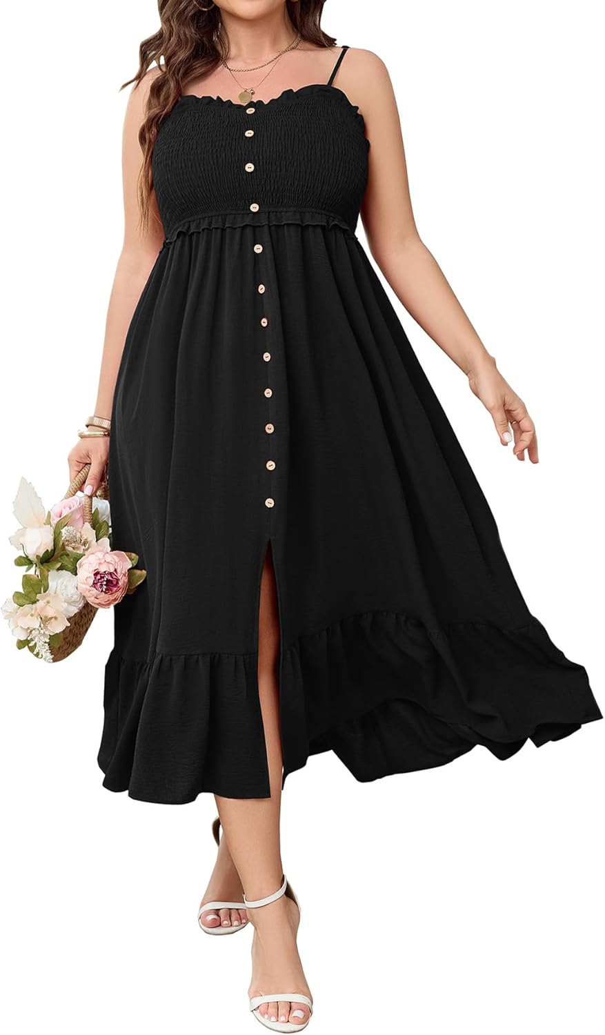 SCOMCHIC Womens Plus Size Summer Dresses Sleeveless Spaghetti Strap Button Down Smocked Beach Long Maxi Dress with Slit