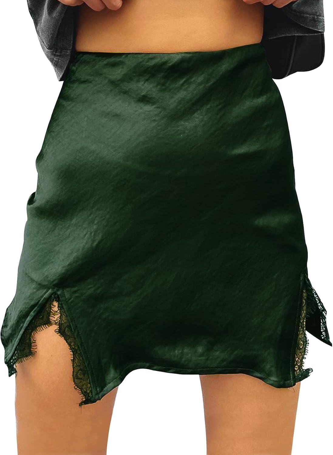 LYANER Women's Satin Lace Trim Split Slit Hem Zipper High Wasit Mini Short Skirt