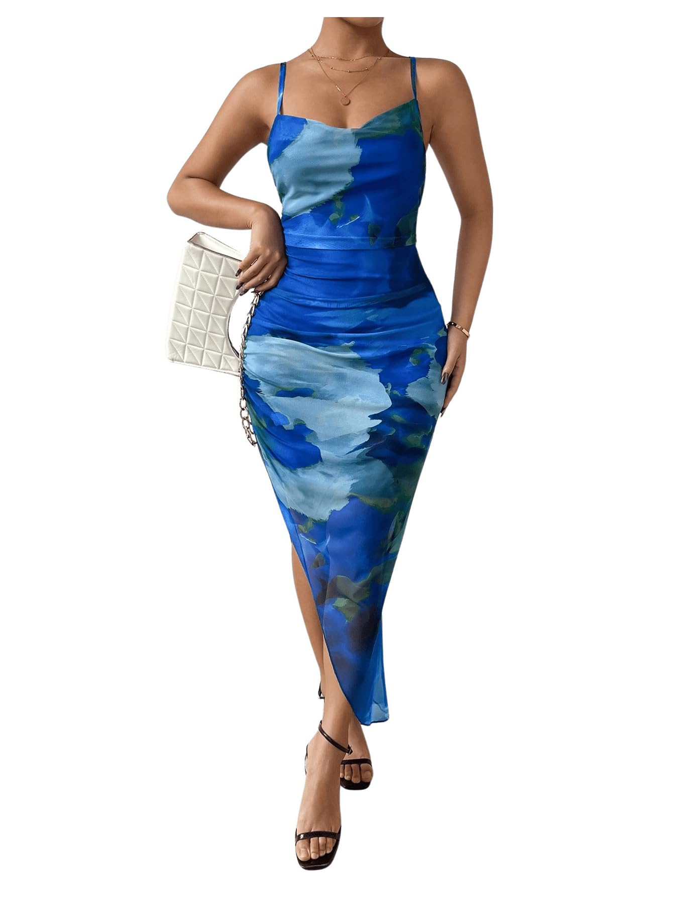 SOLY HUX Women's Tie Dye Cowl Neck Split Hem Bodycon Cami Dress Backless Long Dresses
