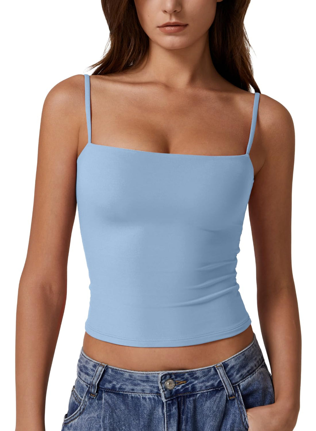 QINSEN Women's Double Lined Basic Tank Top Adjustable Spaghetti Straps Sleeveless Camisole Shirts