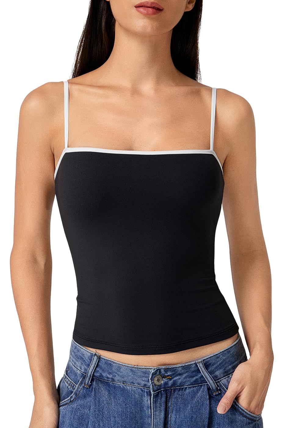 QINSEN Women's Double Lined Basic Tank Top Adjustable Spaghetti Straps Sleeveless Camisole Shirts