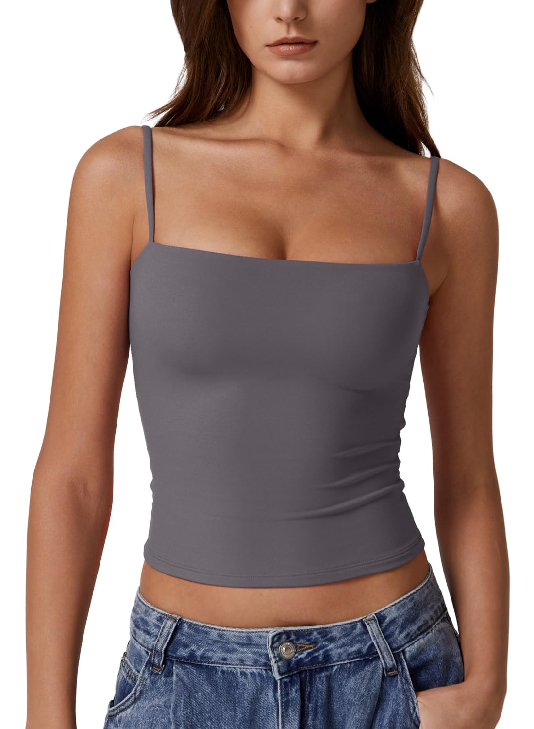 QINSEN Women's Double Lined Basic Tank Top Adjustable Spaghetti Straps Sleeveless Camisole Shirts