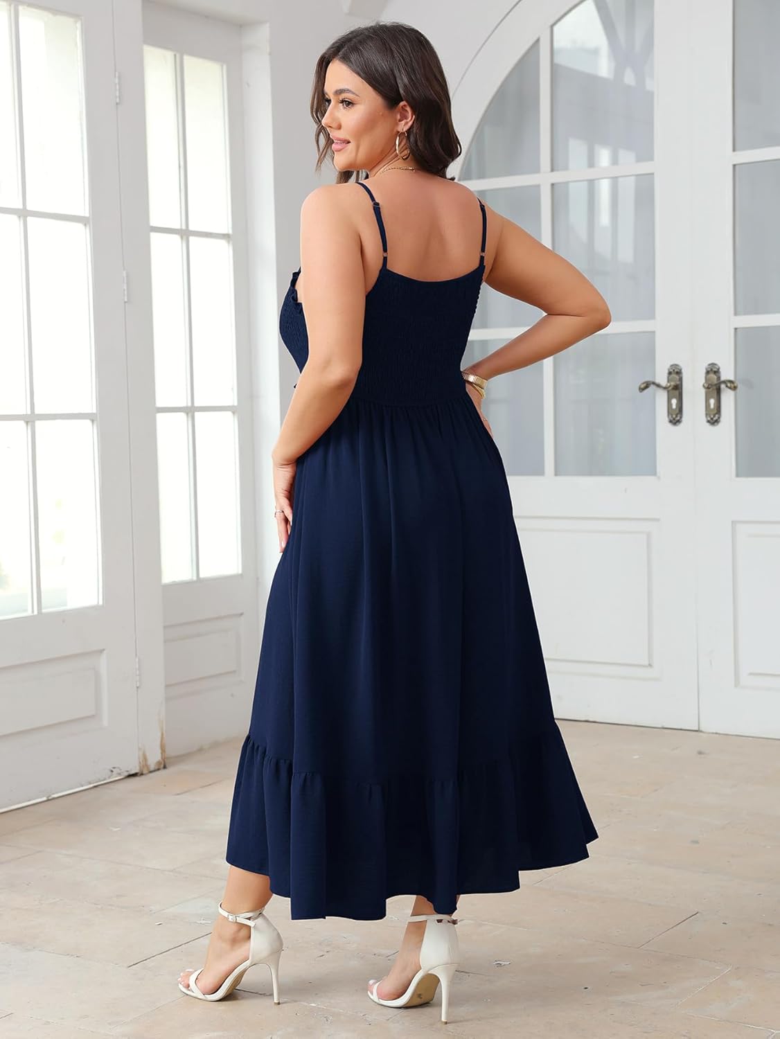 SCOMCHIC Womens Plus Size Summer Dresses Sleeveless Spaghetti Strap Button Down Smocked Beach Long Maxi Dress with Slit