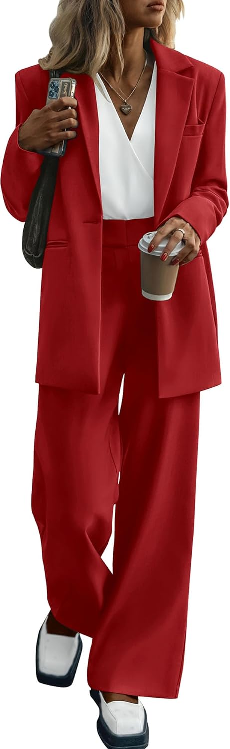 KIRUNDO Women's 2025 Spring Fall 2 Piece Blazer Set Casual Loose Long Blazer Jackets and Dressy Wide Leg Pant Suits Pockets