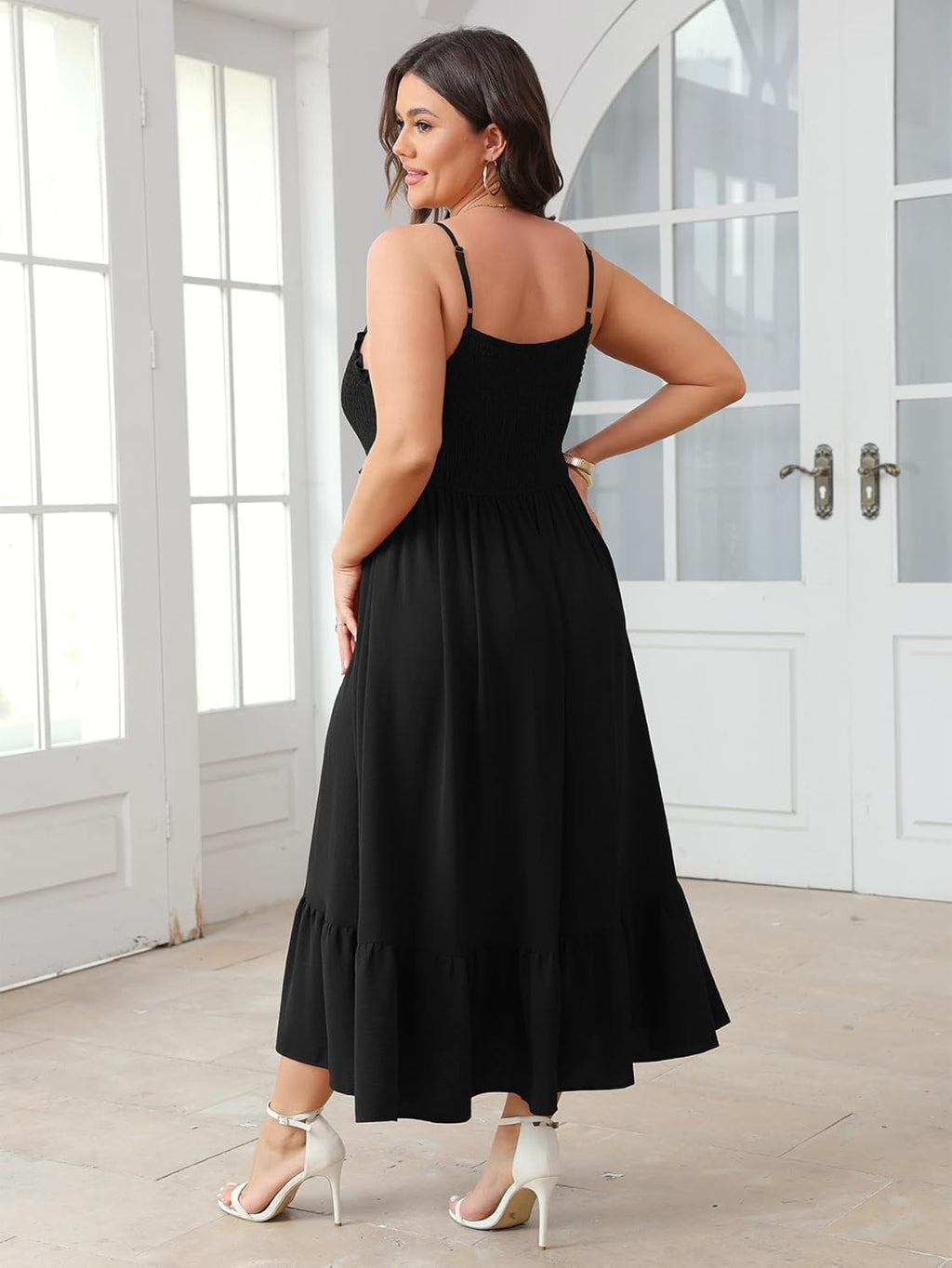 SCOMCHIC Womens Plus Size Summer Dresses Sleeveless Spaghetti Strap Button Down Smocked Beach Long Maxi Dress with Slit