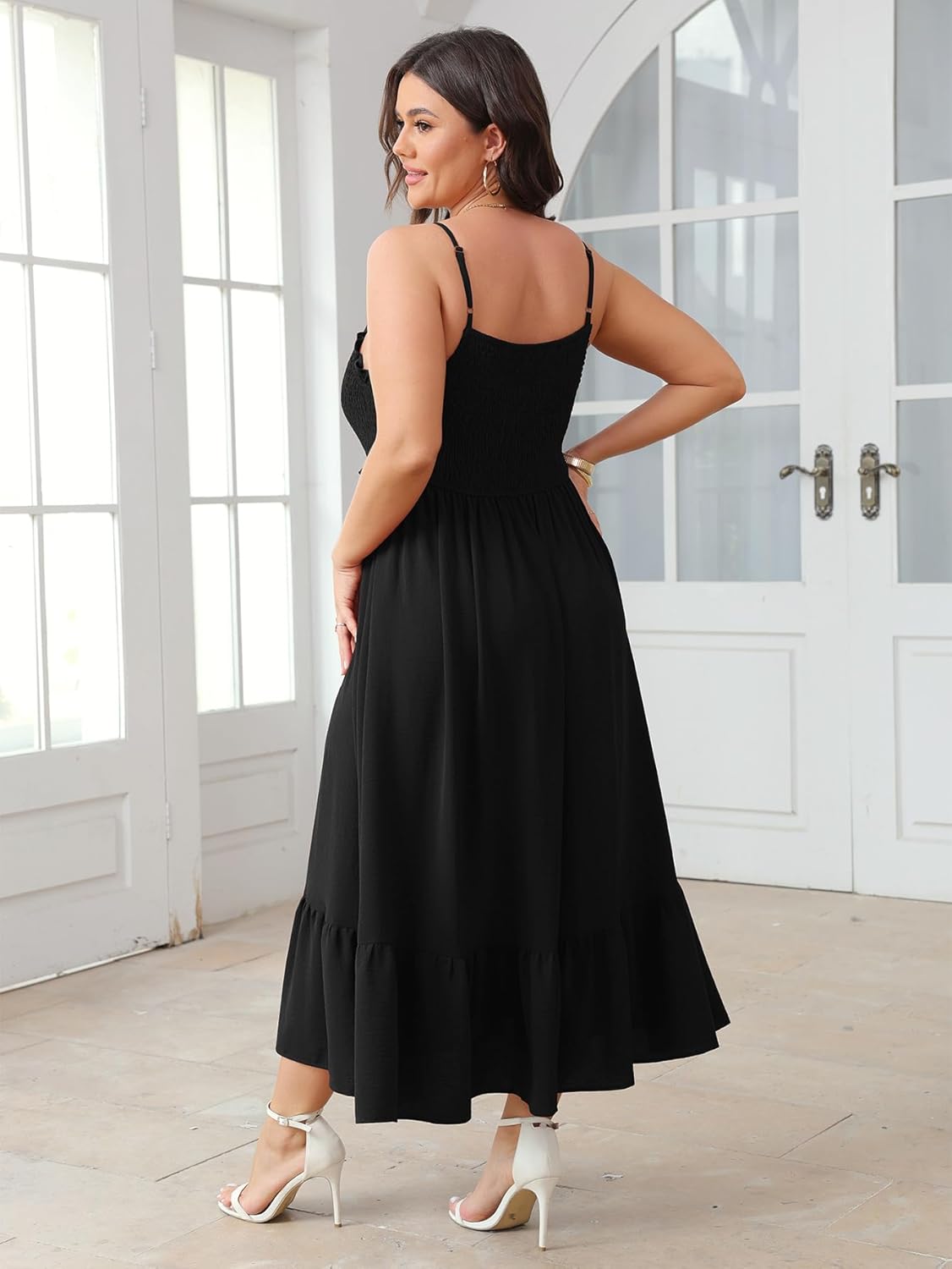 SCOMCHIC Womens Plus Size Summer Dresses Sleeveless Spaghetti Strap Button Down Smocked Beach Long Maxi Dress with Slit