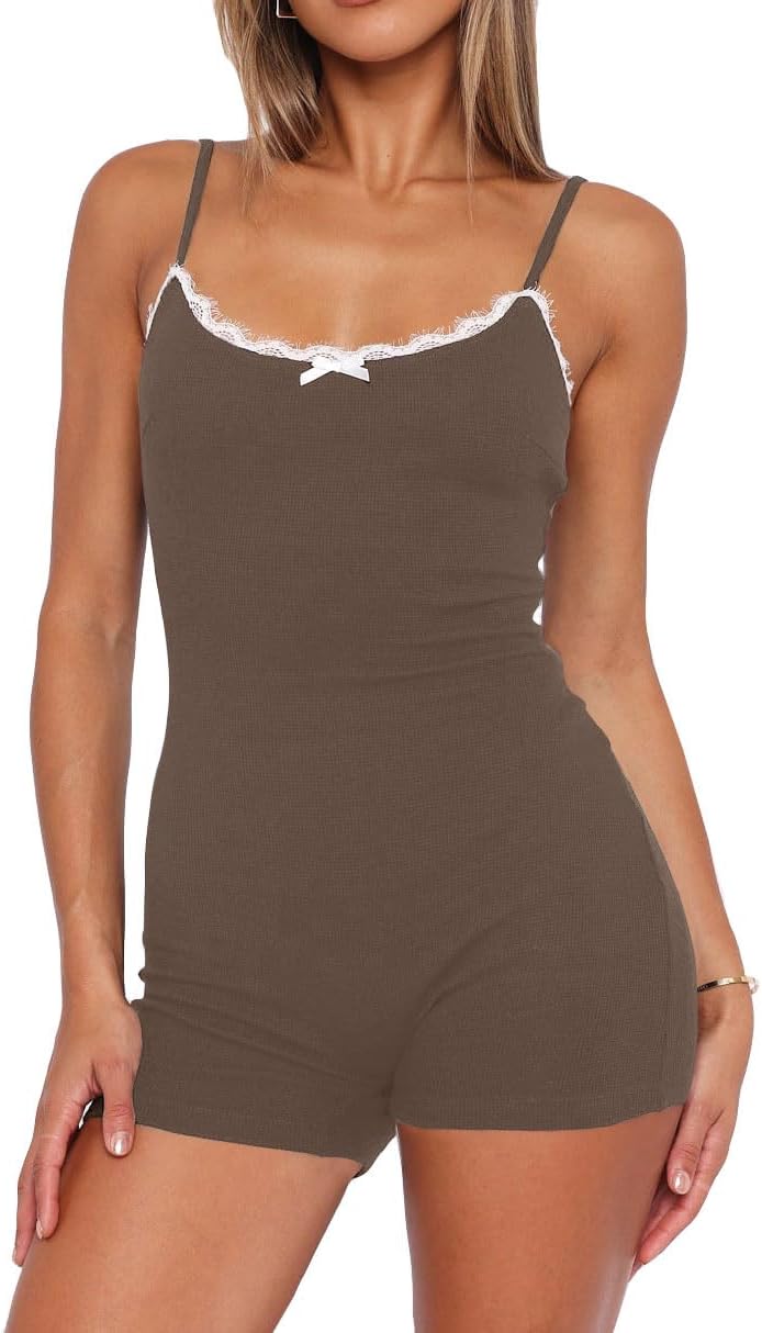 Lacozy Sexy One Piece Onesie Pajamas for Women Lace Trim Short Romper Pjs U Neck Sleeveless Bodysuit Summer Sleepwear