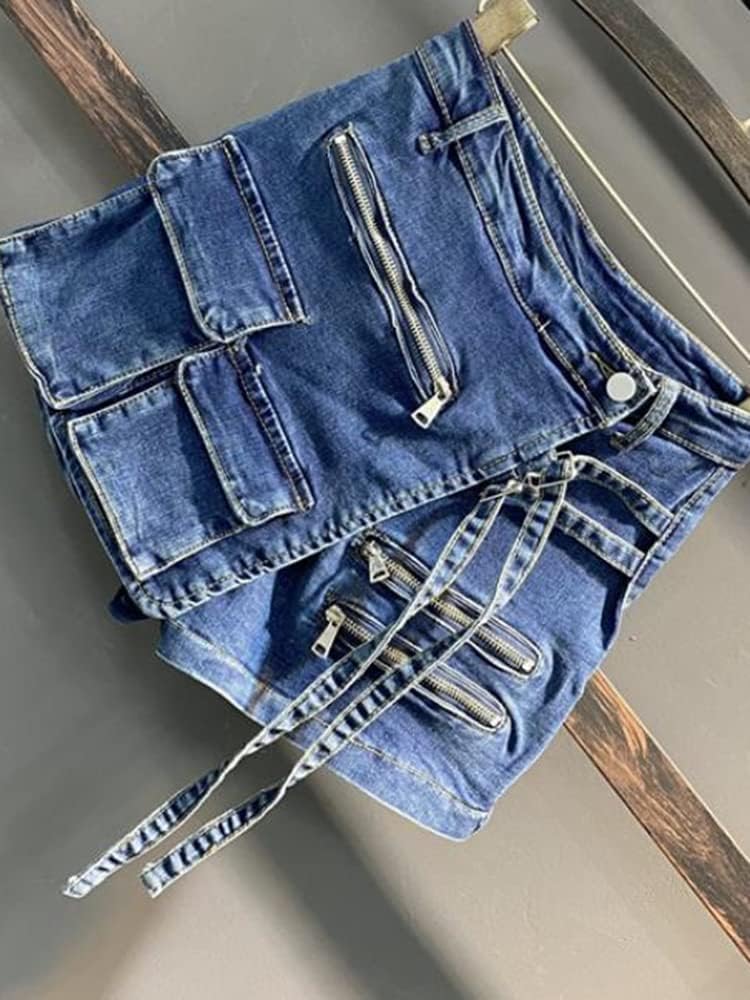 JYHBHMZG Women's Irregular Multi-Pocket Design Denim Shorts Skirts,High Waist,Loose Fit,Wide Leg Jeans for Spring