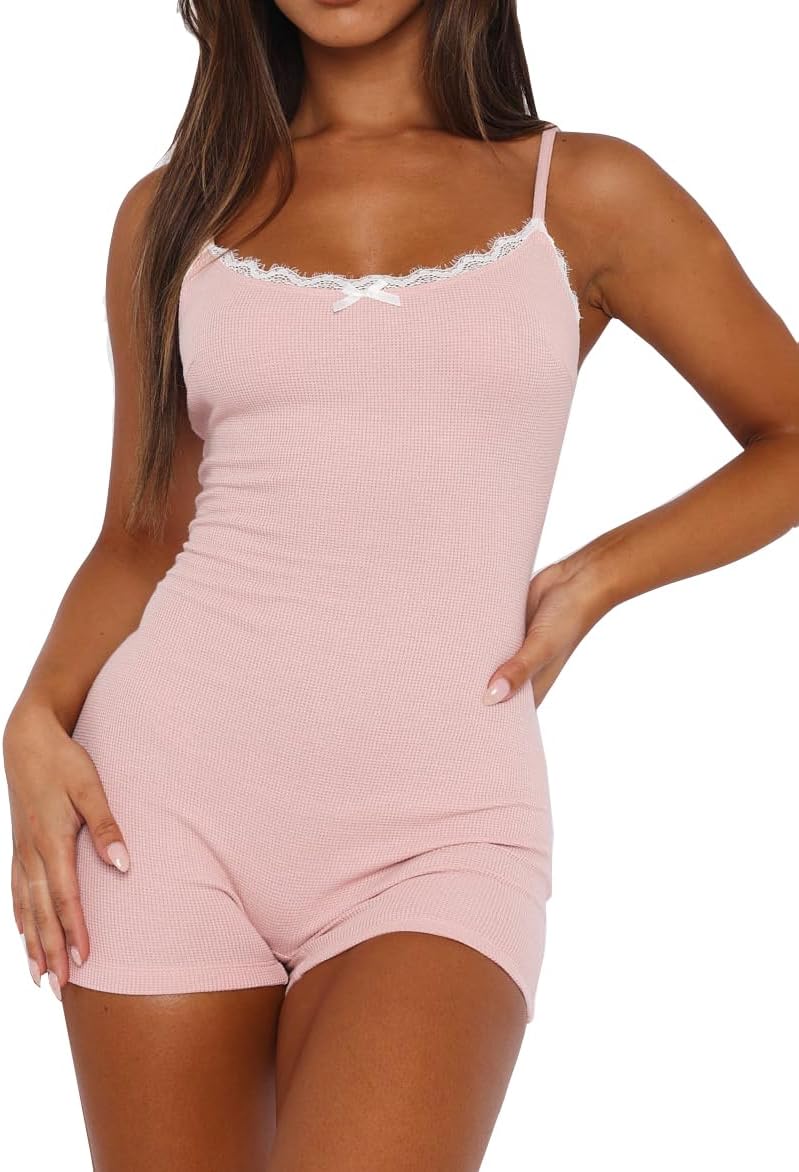 Lacozy Sexy One Piece Onesie Pajamas for Women Lace Trim Short Romper Pjs U Neck Sleeveless Bodysuit Summer Sleepwear
