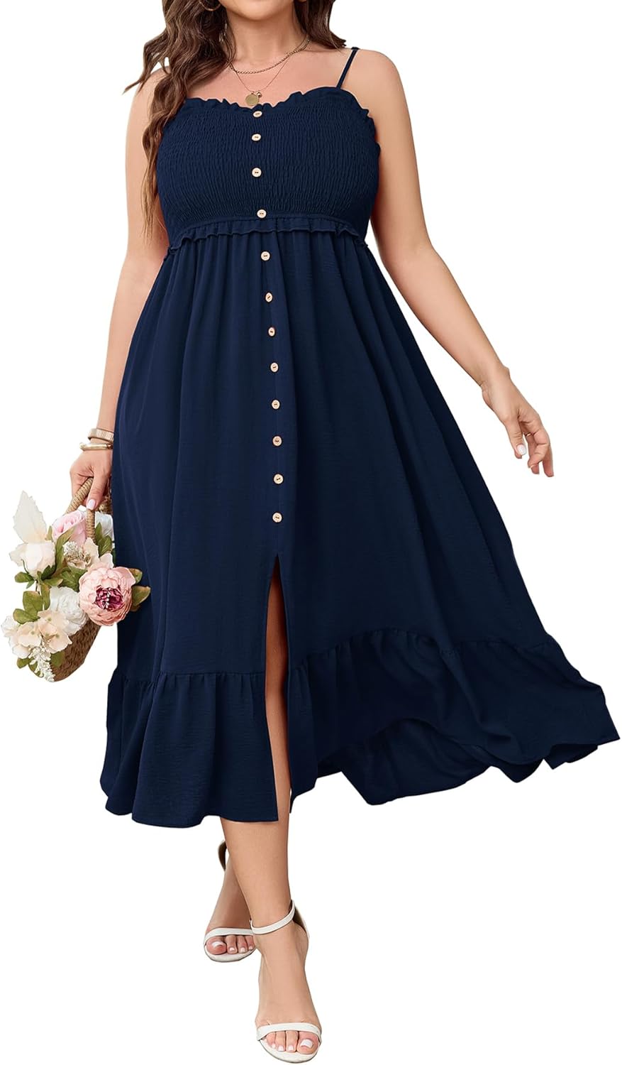 SCOMCHIC Womens Plus Size Summer Dresses Sleeveless Spaghetti Strap Button Down Smocked Beach Long Maxi Dress with Slit