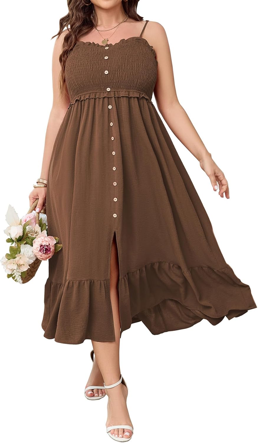 SCOMCHIC Womens Plus Size Summer Dresses Sleeveless Spaghetti Strap Button Down Smocked Beach Long Maxi Dress with Slit