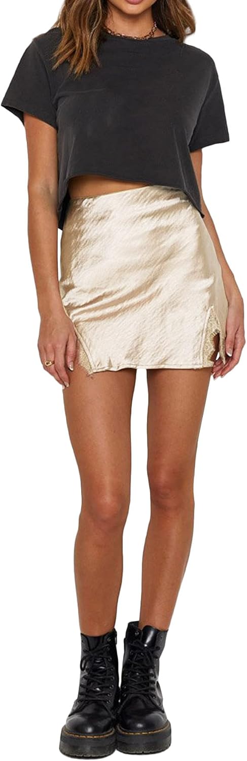 LYANER Women's Satin Lace Trim Split Slit Hem Zipper High Wasit Mini Short Skirt