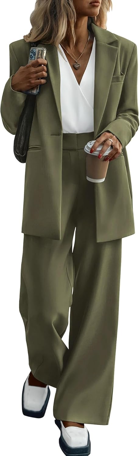 KIRUNDO Women's 2025 Spring Fall 2 Piece Blazer Set Casual Loose Long Blazer Jackets and Dressy Wide Leg Pant Suits Pockets