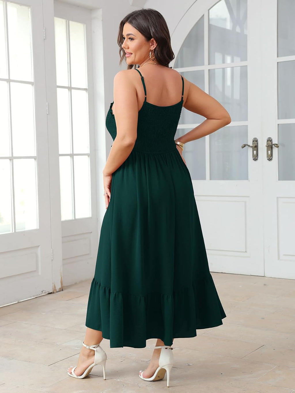 SCOMCHIC Womens Plus Size Summer Dresses Sleeveless Spaghetti Strap Button Down Smocked Beach Long Maxi Dress with Slit