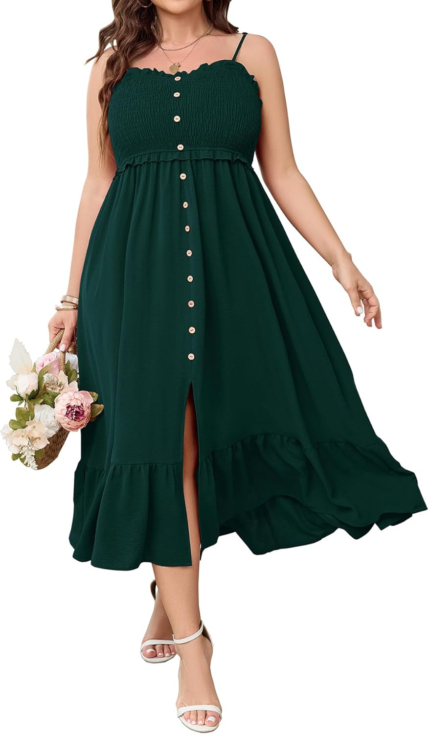 SCOMCHIC Womens Plus Size Summer Dresses Sleeveless Spaghetti Strap Button Down Smocked Beach Long Maxi Dress with Slit